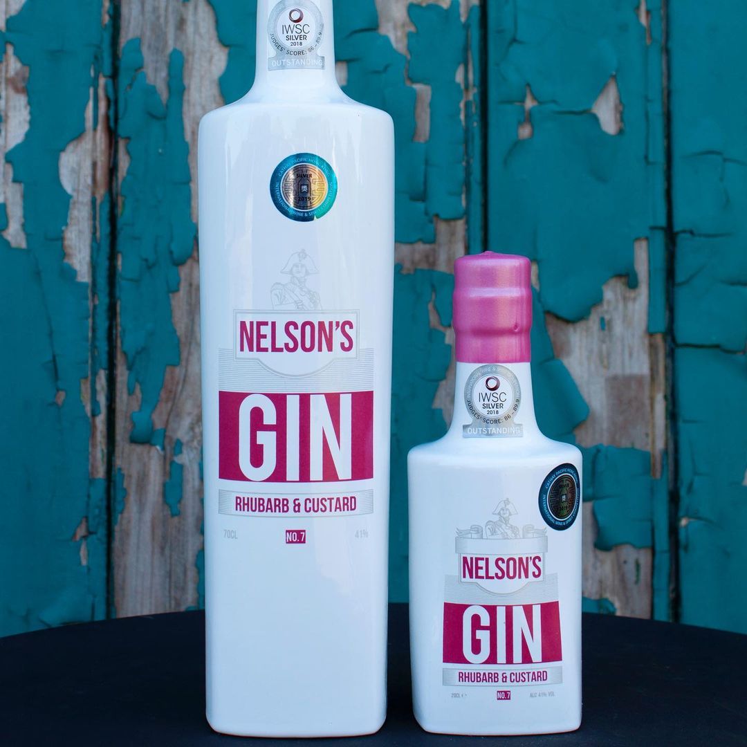 Image of Nelson's Rhubarb and Custard Gin made in the UK by Nelson's Distillery & School. Buying this product supports a UK business, jobs and the local community