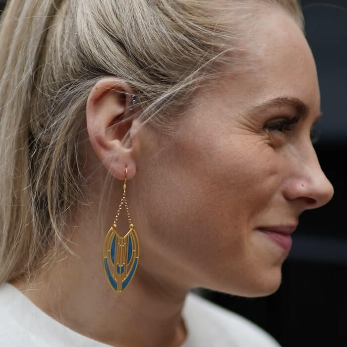 Image of Handmade Blue Gold Art Deco Earrings made in the UK by RedApple. Buying this product supports a UK business, jobs and the local community