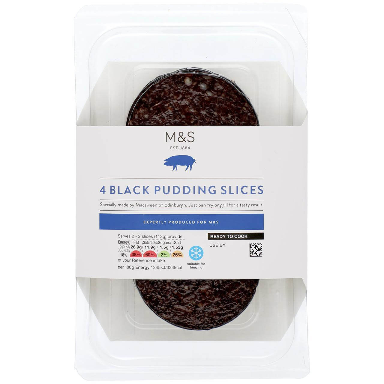 Image of M&S Black Pudding Slices made in the UK by Marks & Spencer Food. Buying this product supports a UK business, jobs and the local community