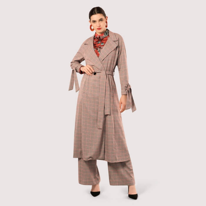 Image of Red Check Tied Cuff Trench Coat by Closet London, designed, produced or made in the UK. Buying this product supports a UK business, jobs and the local community.