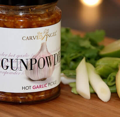 Image of Gunpowder Garlic Pickle made in the UK by The Carved Angel. Buying this product supports a UK business, jobs and the local community