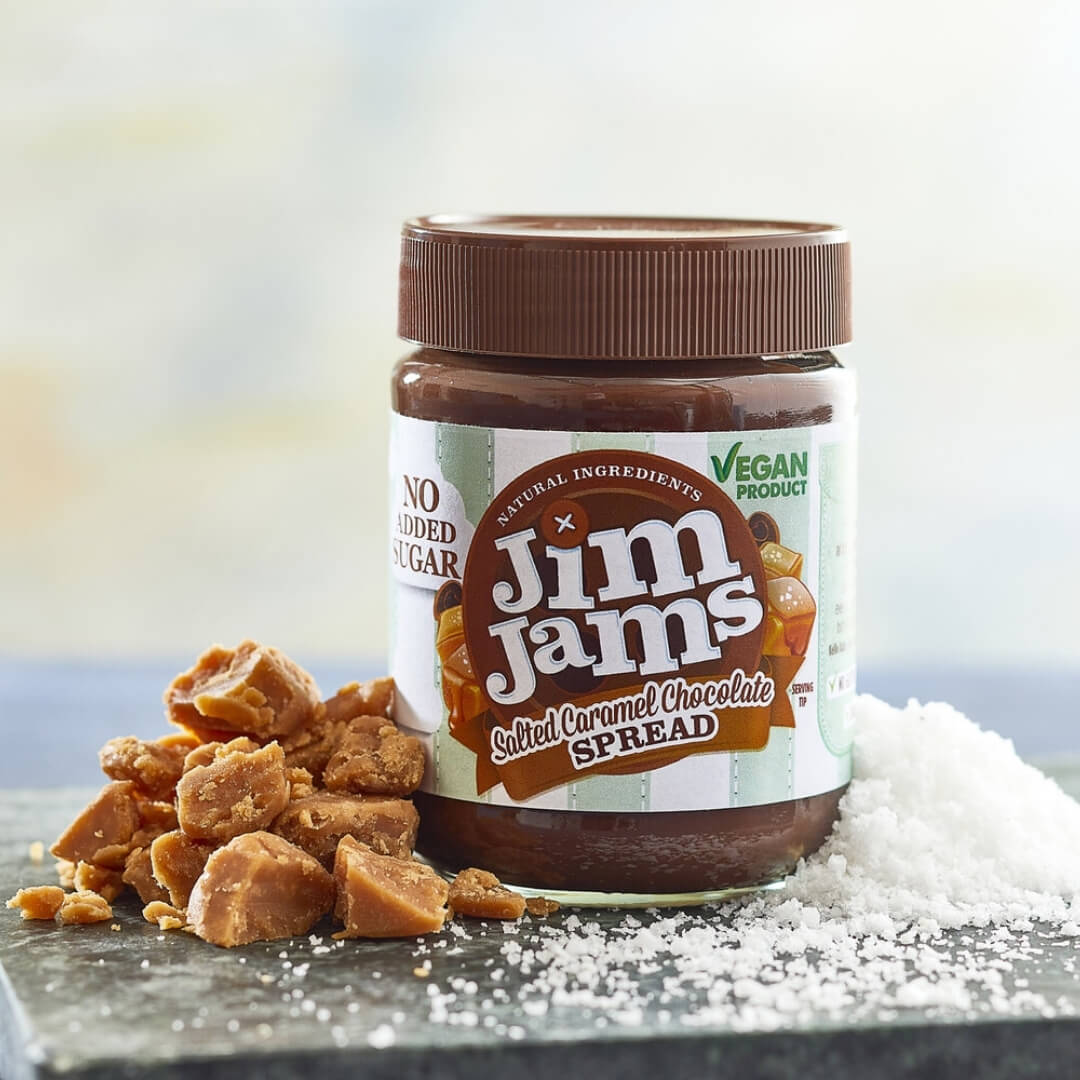 Image of Vegan Salted Caramel Chocolate Spread made in the UK by JimJams. Buying this product supports a UK business, jobs and the local community