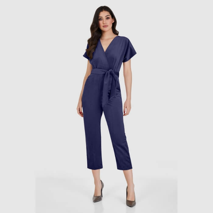 Image of Navy Velvet Wrap Cropped Leg Jumpsuit by Closet London, designed, produced or made in the UK. Buying this product supports a UK business, jobs and the local community.