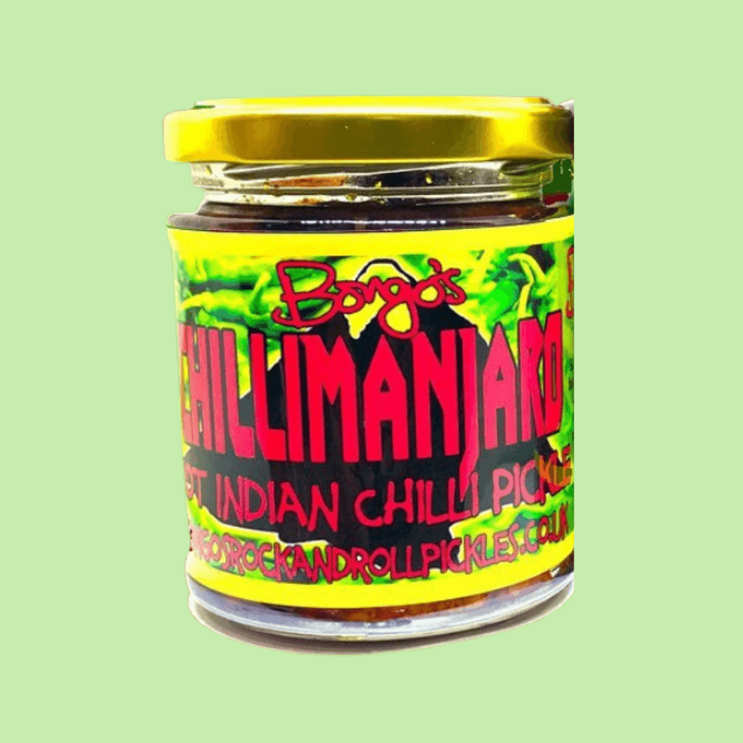 Image of Bongo's Chillimanjaro Hot Indian Chilli Pickle by Bongo's Rock and Roll Pickles, designed, produced or made in the UK. Buying this product supports a UK business, jobs and the local community.