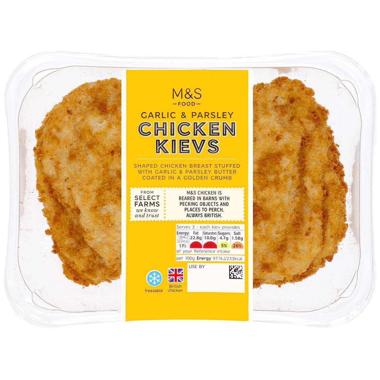 Image of M&S British Garlic Chicken Kievs made in the UK by Marks & Spencer Food. Buying this product supports a UK business, jobs and the local community