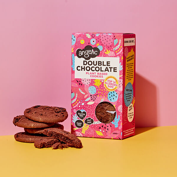 Image of Double Chocolate Plant-Based Cookies made in the UK by Angelic. Buying this product supports a UK business, jobs and the local community