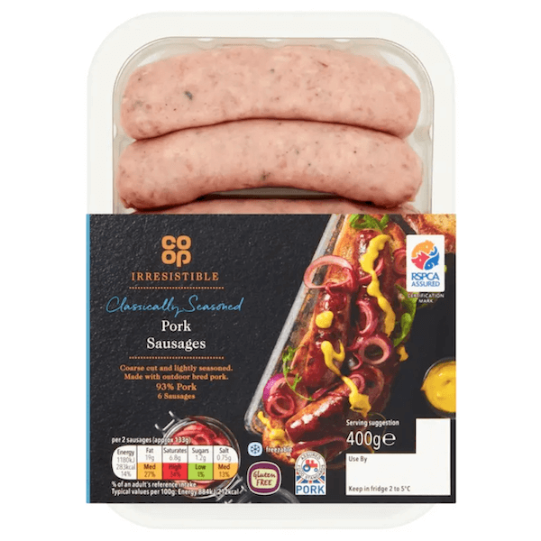 Image of Irresistible Classically Seasoned 6 Pork Sausages made in the UK by Co-op. Buying this product supports a UK business, jobs and the local community