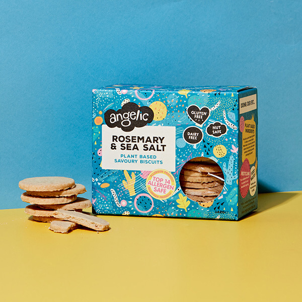 Image of Rosemary & Sea Salt Plant Based Savoury Biscuits made in the UK by Angelic. Buying this product supports a UK business, jobs and the local community