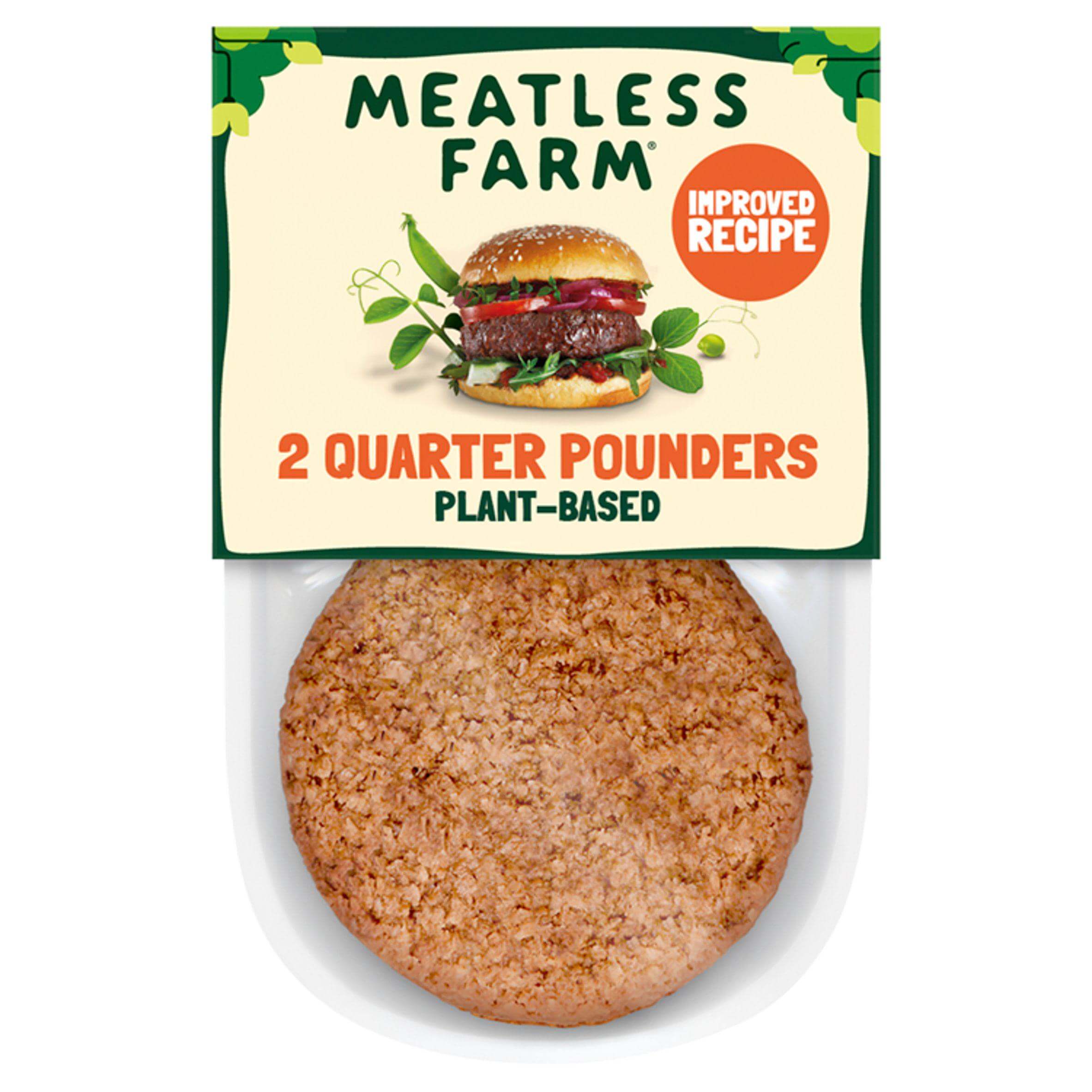 Image of 2 Plant Based Quarter Pounders by The Meatless Farm Co., designed, produced or made in the UK. Buying this product supports a UK business, jobs and the local community.