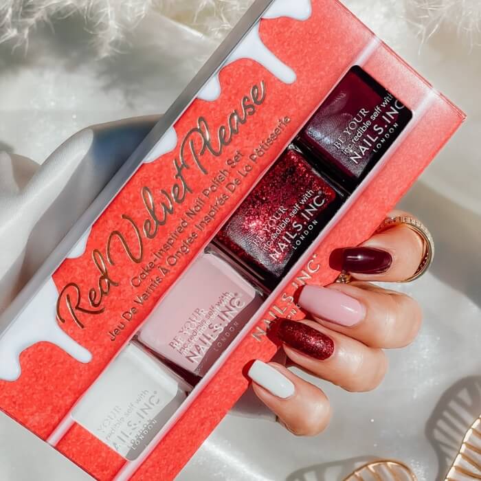 Image of Red Velvet Please 4-Piece Nail Polish Set by Nails Inc., designed, produced or made in the UK. Buying this product supports a UK business, jobs and the local community.