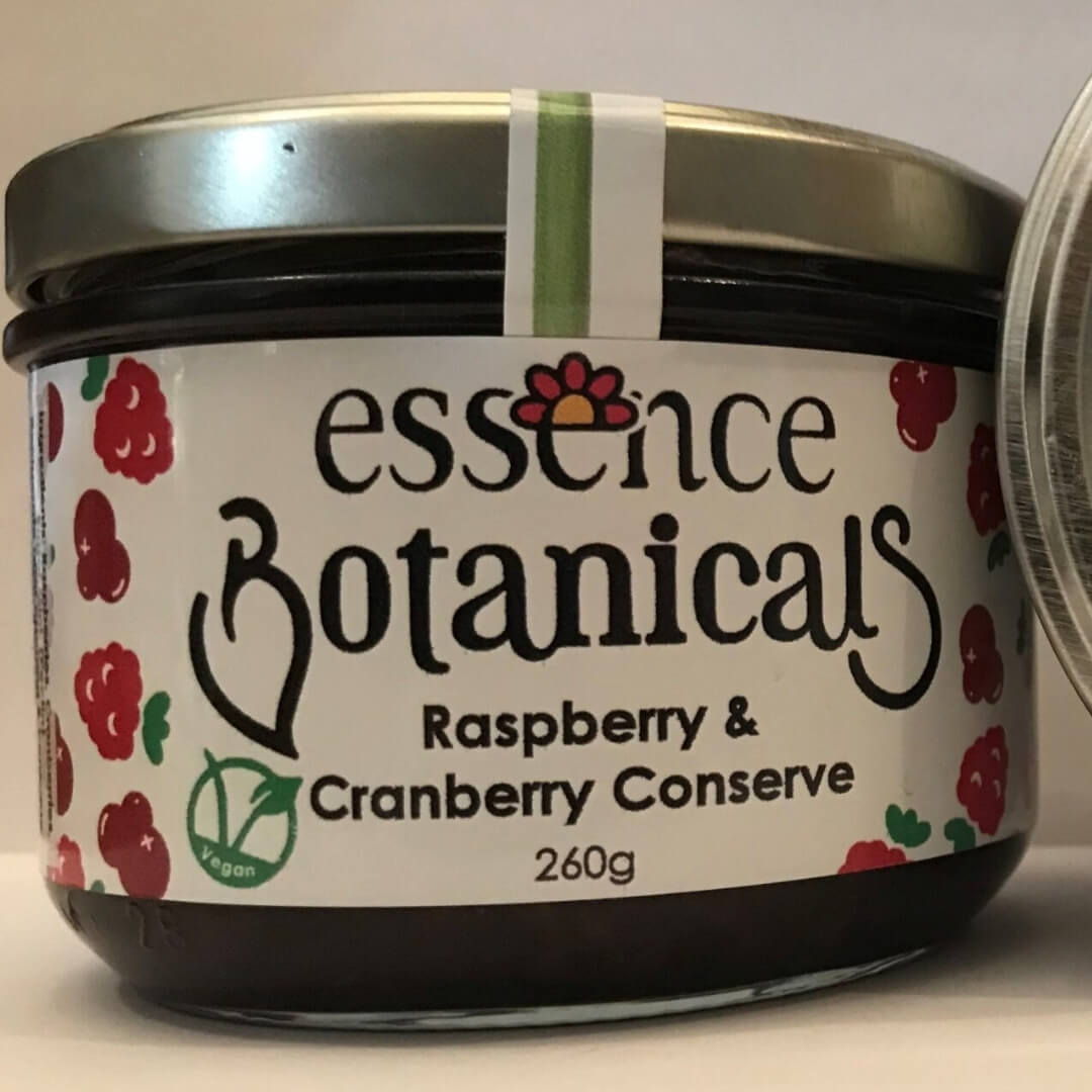 Image of Raspberry & Cranberry Conserve made in the UK by Essence Foods. Buying this product supports a UK business, jobs and the local community