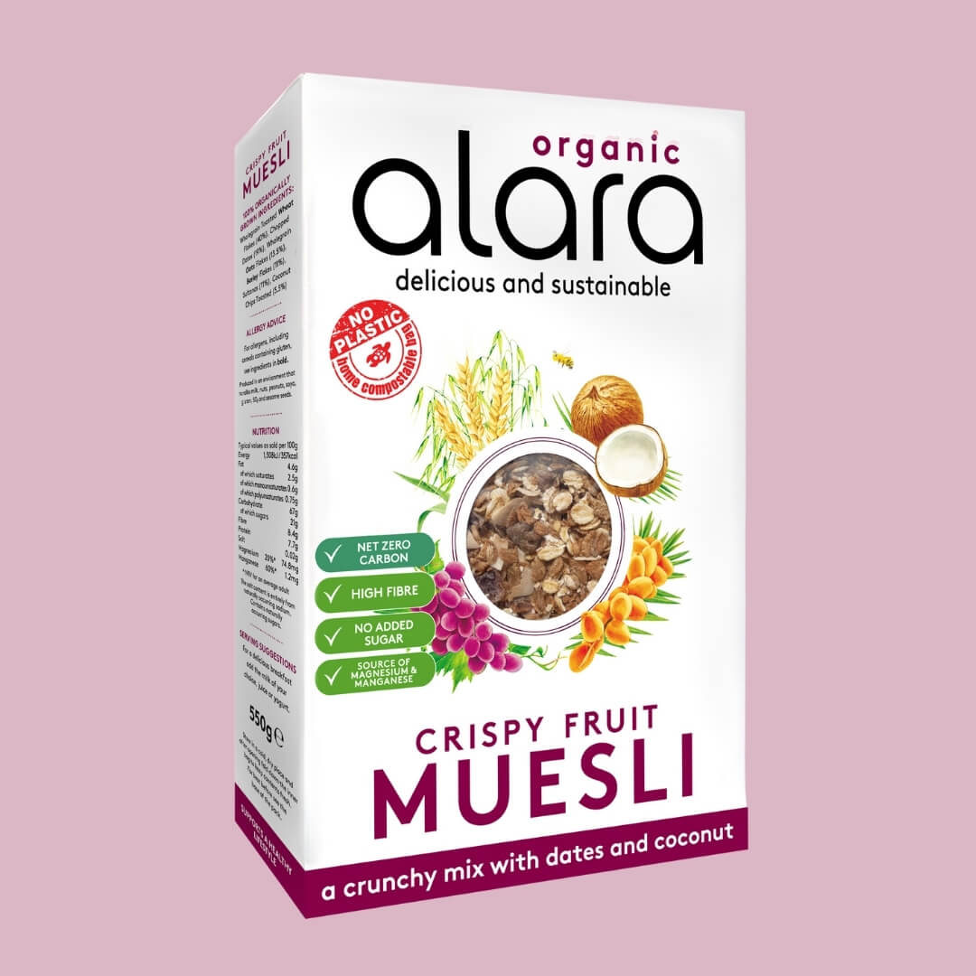 Image of Organic Crispy Fruit Muesli | 6x550g by alara, designed, produced or made in the UK. Buying this product supports a UK business, jobs and the local community.