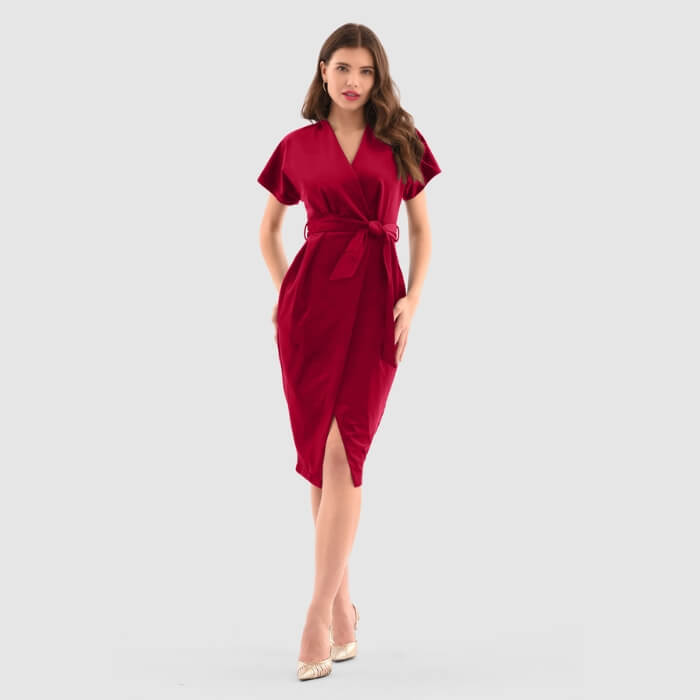 Image of Red Kimono Wrap Over Velvet Dress by Closet London, designed, produced or made in the UK. Buying this product supports a UK business, jobs and the local community.