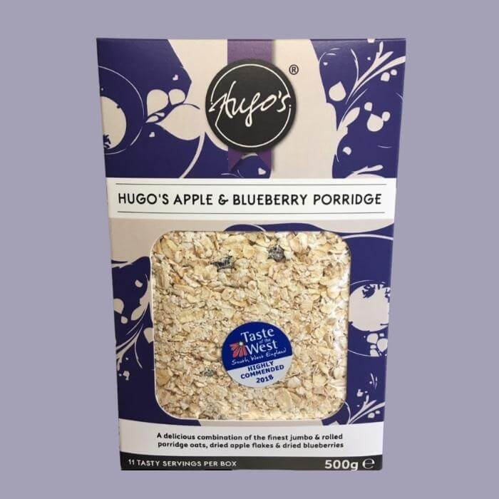 Image of Hugo's Apple & Blueberry Porridge made in the UK by Hugo's Breakfast. Buying this product supports a UK business, jobs and the local community