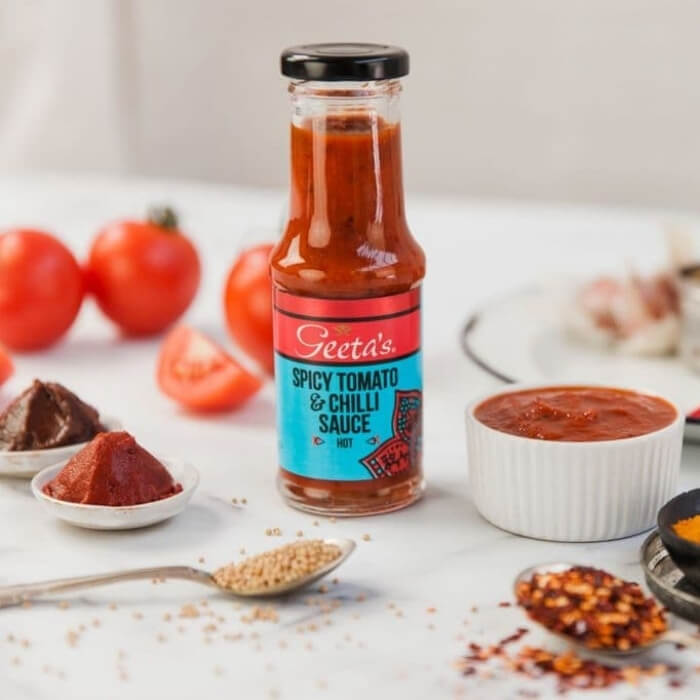 Image of Geeta's Spicy Tomato & Chilli Sauce made in the UK by Geeta's Foods. Buying this product supports a UK business, jobs and the local community