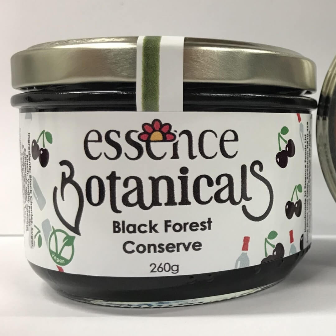 Image of Black Cherries with Kirch & Vanilla Conserve made in the UK by Essence Foods. Buying this product supports a UK business, jobs and the local community