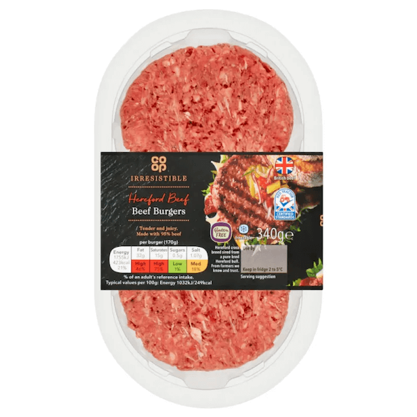Image of Beef Burgers made in the UK by Co-op. Buying this product supports a UK business, jobs and the local community